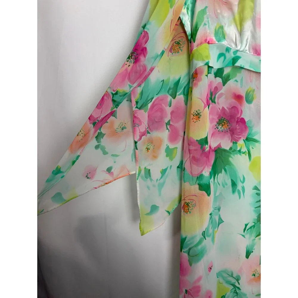Delicates Vintage Floral Maxi Robe Sheer Chiffon Satin Tie Front Pink XL/XG Soft